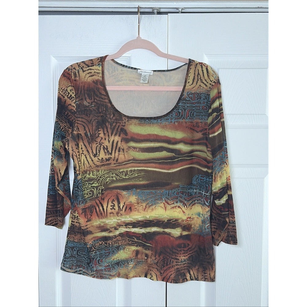 Bechamel Abstract Mesh Blouse Womens Size M Brown Y2K 3/4 Sleeve Boho Artsy Top